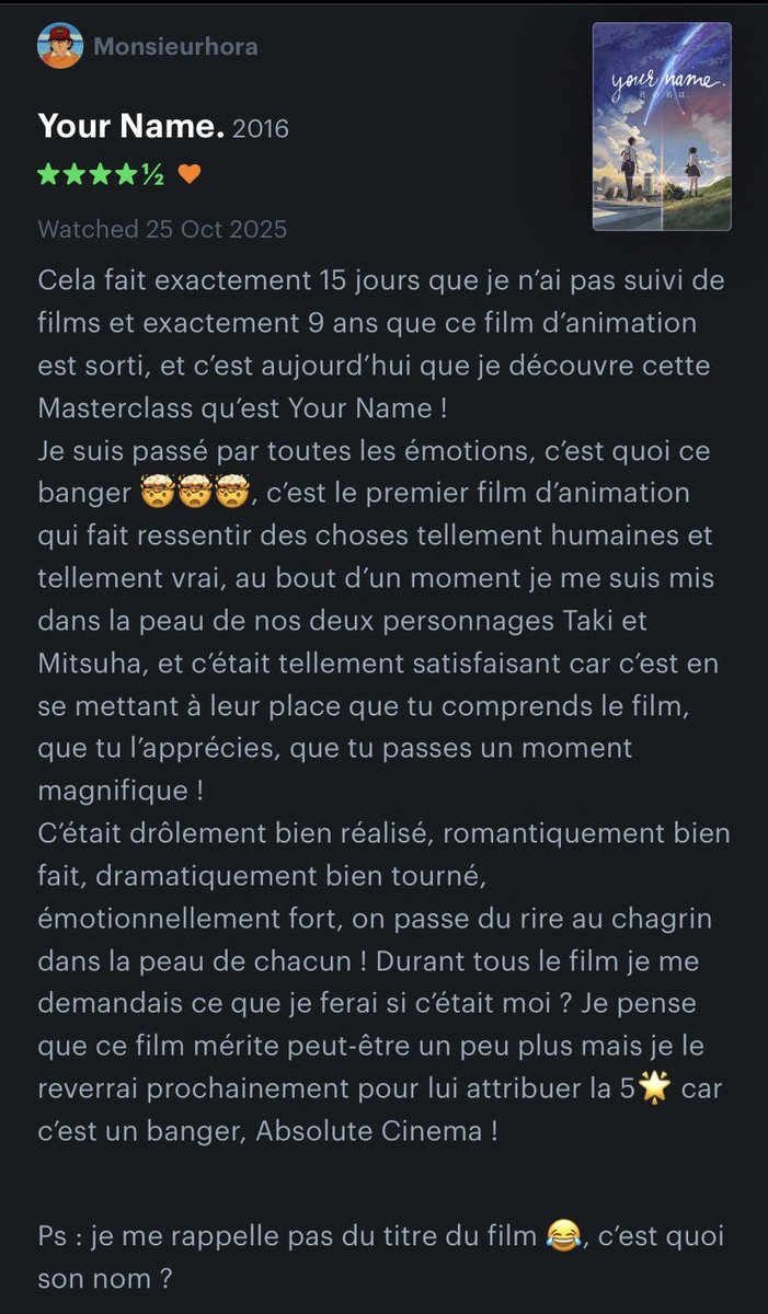 Je viens de suivre le film d’animation "Your Name", voici ma critique à chaud et ma note !