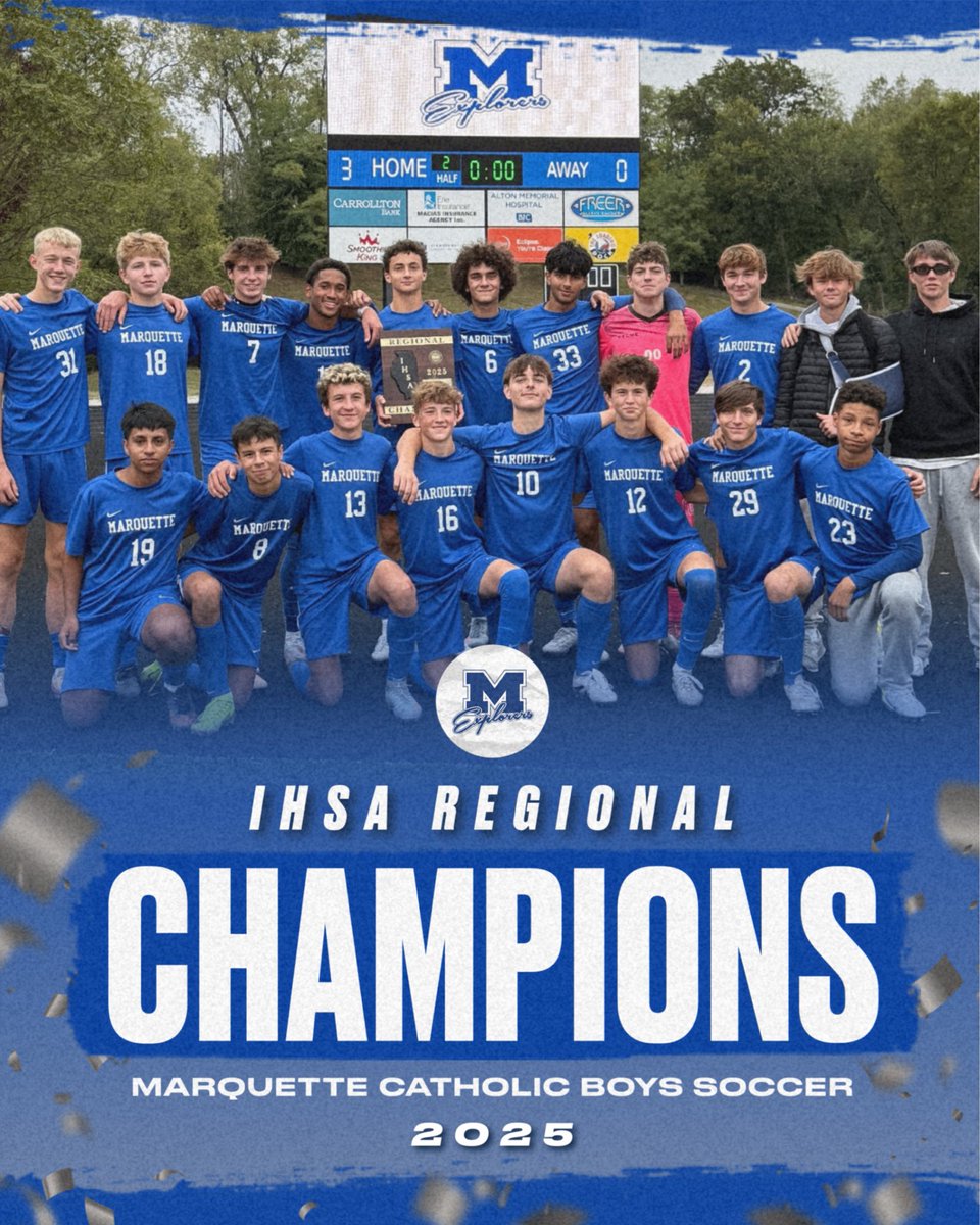 Marquette Catholic Boys Soccer are Regional Champions for the 19th time! The Explorers defeated Maryville Christian 3-0. Maicol Gonzalez put MCHS up 1-0, with Cameron Golike adding two more. Freshman Chase Kopp w/ the shutout. Marquette now faces #3 Columbia at 7:00 PM on Tuesday