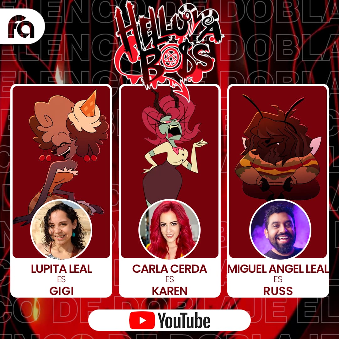 funianime's tweet image. 🔥Drama, locura y mucho infierno.🔥
 ¡El episodio final de la Segunda Temporada de Helluva Boss ya está disponible doblado al español en YouTube! 💥

 🍒 Gigi – Lupita Leal
😈 Karen – Carla Cerda @carlacerdaof  
🪓 Russ – Miguel Ángel Leal @mikeleaal