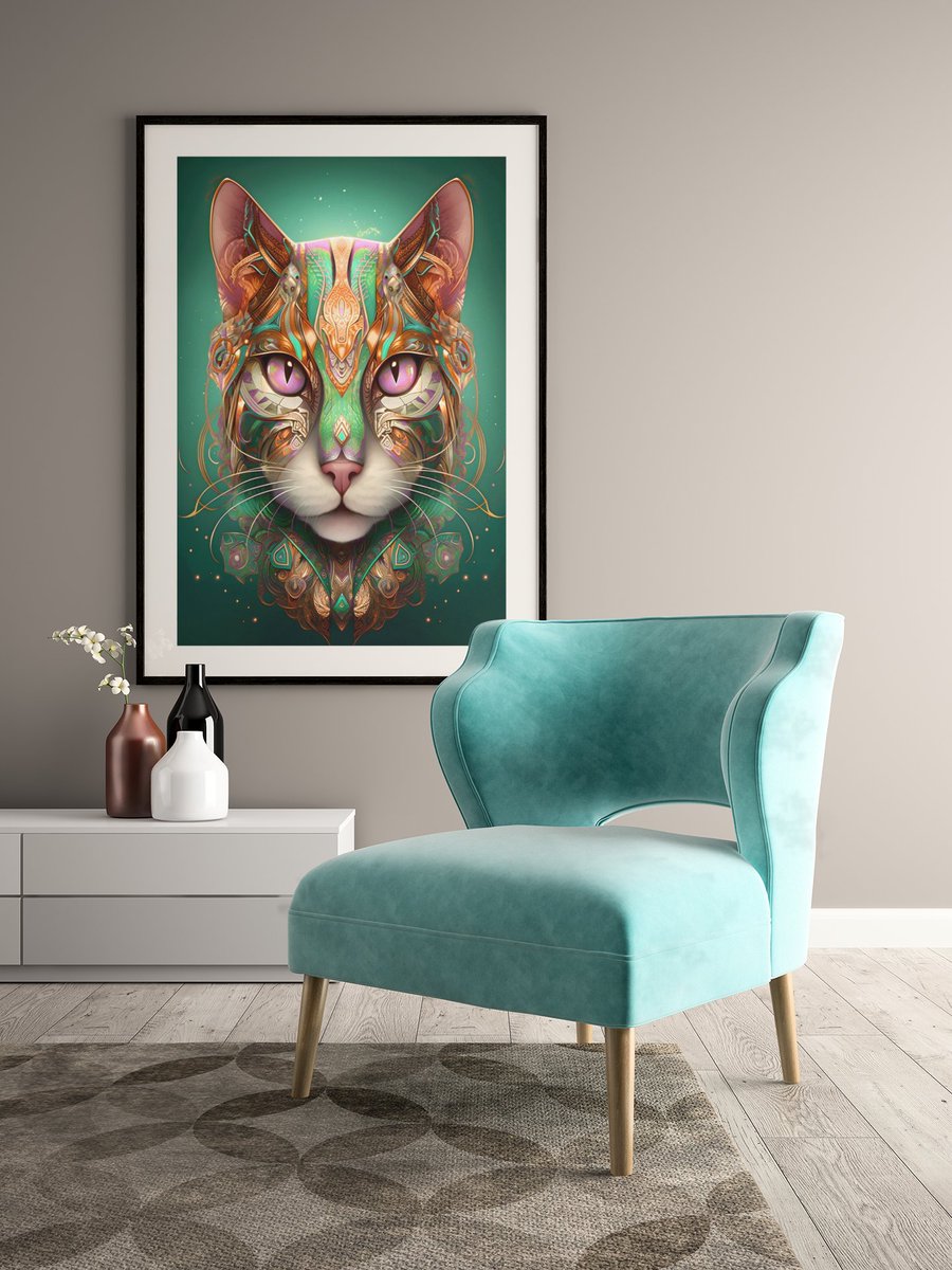 CyberMonkSt's tweet image. Sacred Feline Spirit - ornate cat guardian with purple eyes and golden cosmic patterns.  Available now. 
 Link in bio 👆  
#FelineArt #SpiritualArt