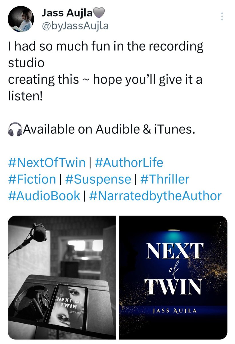 This is a shout out to my friend Jass <a href="/byJassAujla/">Jass Aujla🩶</a> 
For her newly released audio book "Next of Twin" 

I recently downloaded my copy in support of my friend - if you like crime/thriller stories go check this out, it's a wonderful book 📖 ✨️
#audiobook #NextOfTwin