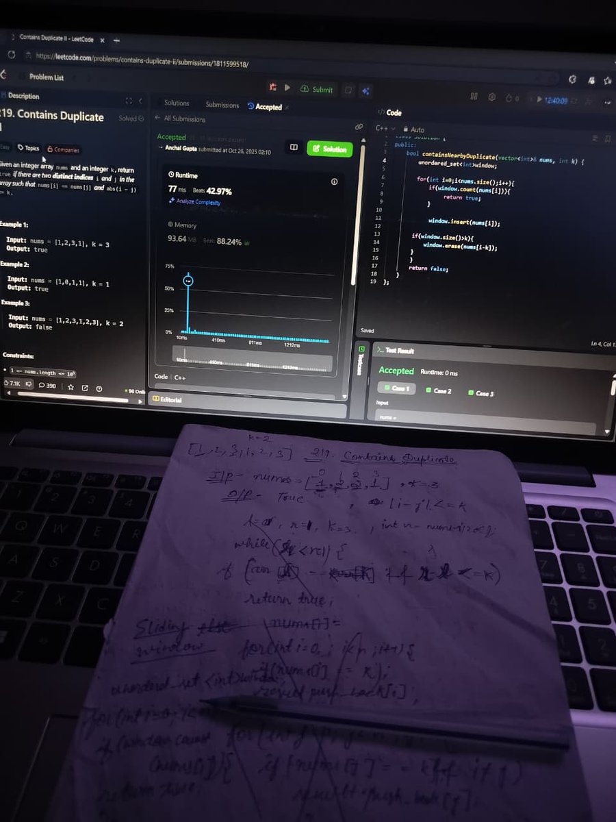 AnchalGupta009's tweet image. Day 33: Contains Duplicate II 🔁
Used sliding window to track nearby elements
Efficient O(n) solution with unordered_set ⚙️
#LeetCode #CPP #ProblemSolving #CodingJourney