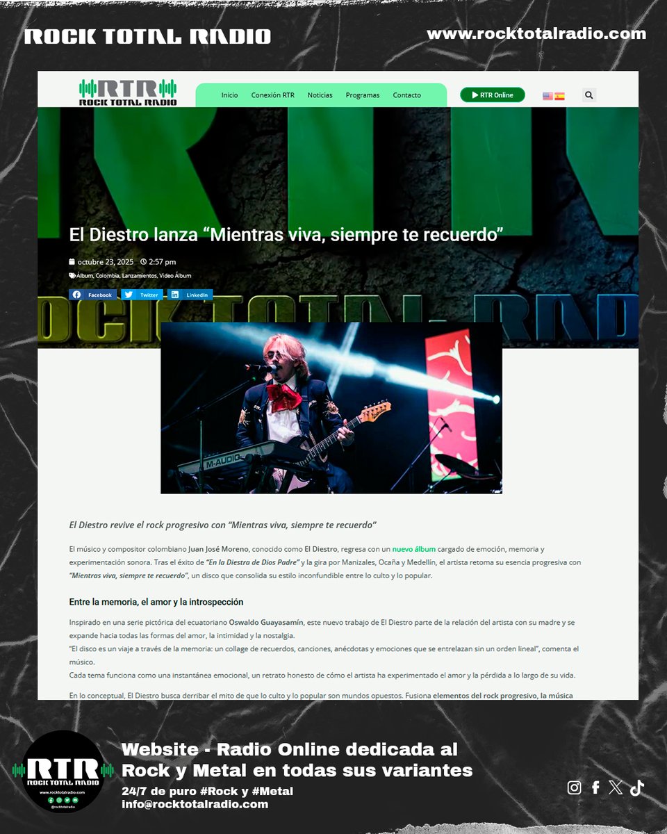 El Diestro lleva el rock progresivo a otro nivel con “Mientras viva, siempre te recuerdo”:
una obra donde la memoria, el amor y la experimentación se funden en una sola voz.

👉 rocktotalradio.com/el-diestro-mie…

#ElDiestro #RockColombiano #RockProgresivo #RockTotalRadio