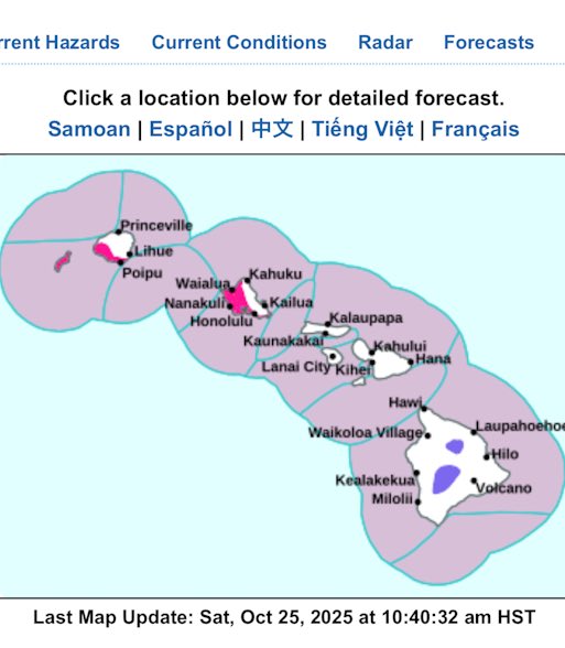 For those wondering if it’s all sunshine and beaches, it does snow on the summits of Mauna Kea and Mauna Loa. The purple indicates it is forecast to snow this weekend.