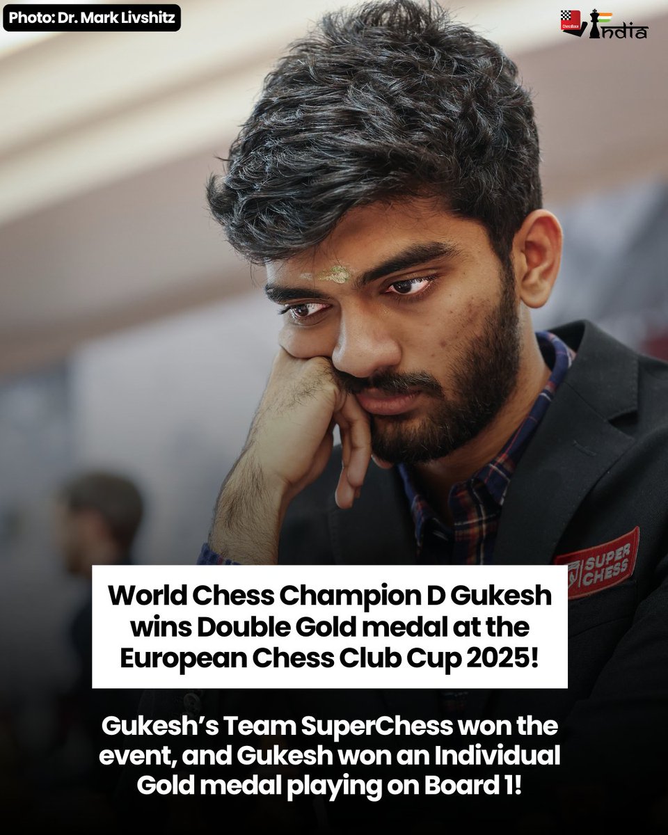 ChessbaseIndia's tweet image. The World Champion @DGukesh clinches Double Gold at the European Chess Club Cup 2025! Gukesh&apos;s Team SuperChess won the tournament with a perfect score of 14/14 points.

Gukesh started playing the event from Round 3, and still managed to secure the Individual Gold medal on Board 1…