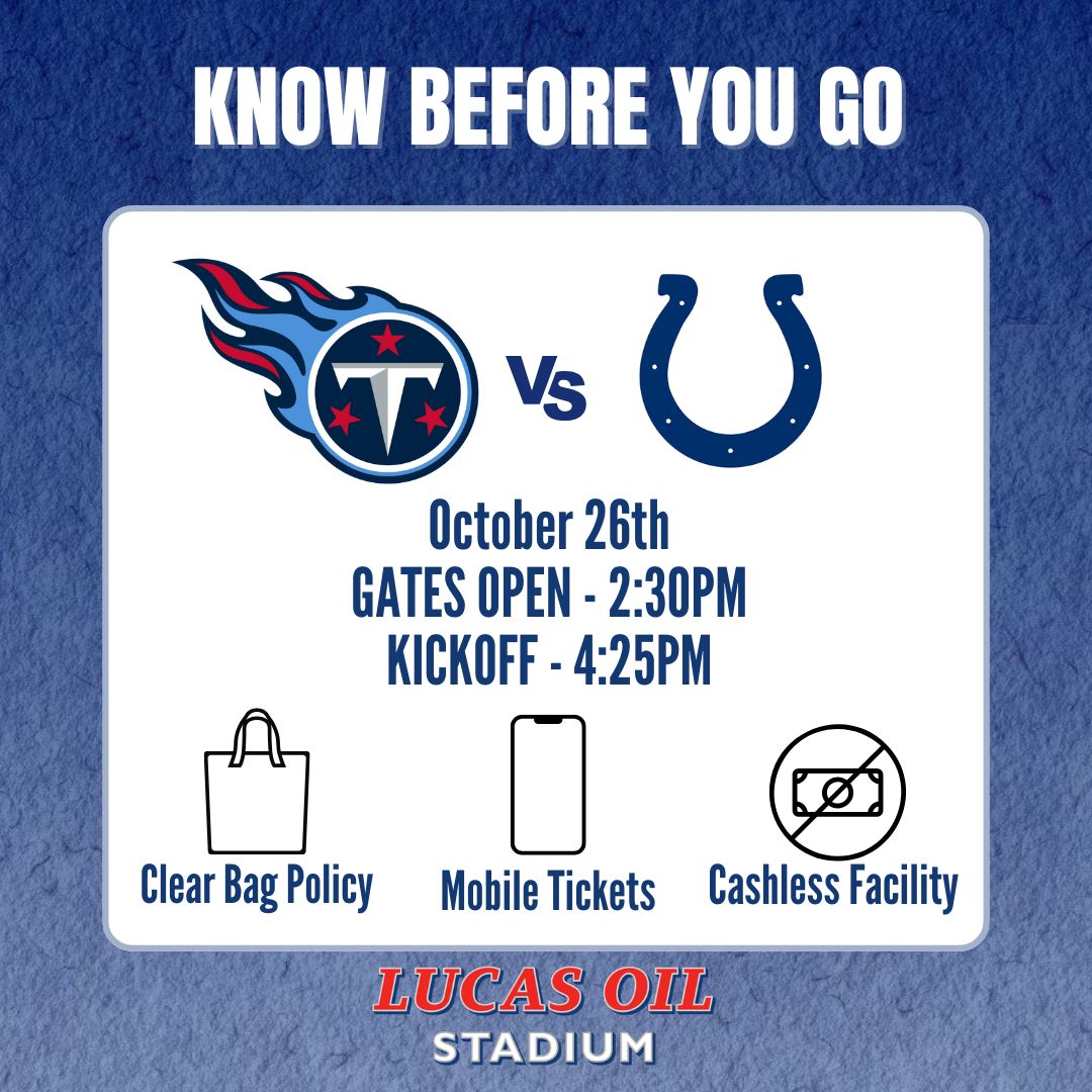 How about those Colts?!?! 💙🐎 We are SO ready for Sunday's game - here's your KBYG so you will be too:
🎉 Touchdown Town Opens - 1:30pm
🚪 Gates Open - 2:30pm
🏈 Kickoff - 4:25pm
👜 Clear bag policy will be in effect
📱 Download mobile tickets for expedited entry
💳 We are a