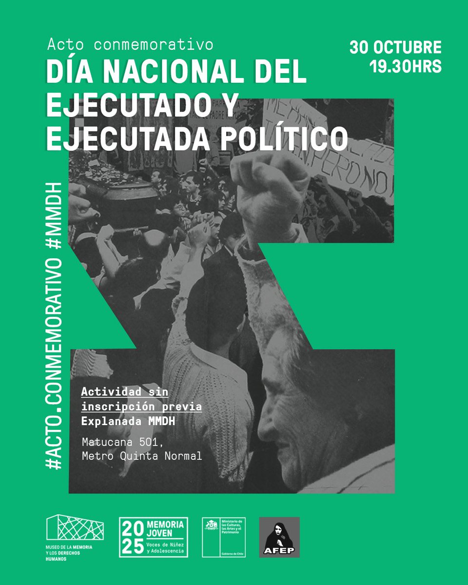 Les invitamos al acto conmemorativo del Día Nacional del Ejecutado y Ejecutada Política.

Para este día, junto a la Agrupación de Familiares de Ejecutados Políticos (<a href="/AFEPSantiago/">AFEP Santiago</a>) rendiremos homenaje a todos y a todas las ejecutadas por la dictadura.

🔻
mmdh.cl/cartelera/dia-…