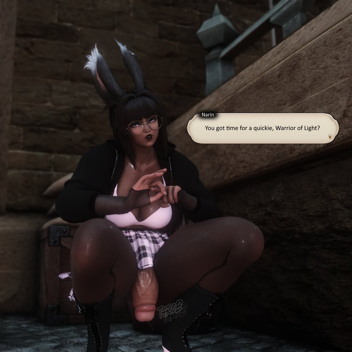 Lewd thought she likes? Quickies.

What better way to get rid of that mid-dungeon temptation? Being emotionally attached to the other or not, just an act to sate a need. A potential bonus when buying something.

Will the Warrior of Light take up up on the offer beside her shop?