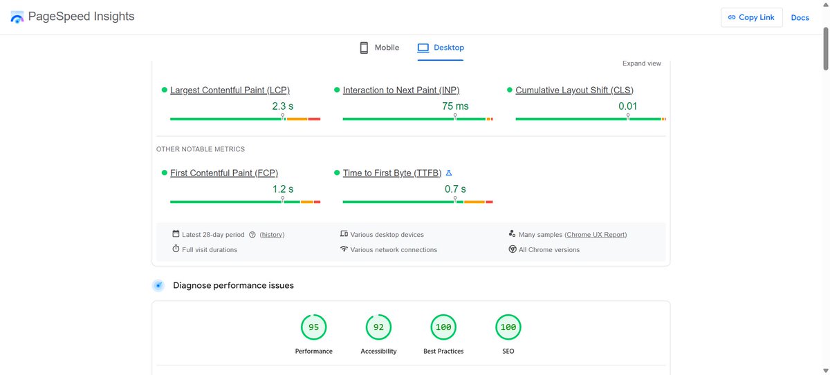 heypaulonu's tweet image. 3 months of doubling down.
Nearly 2,000 pages live.
Still holding:
⚡ 95 Performance
✅ 92 Accessibility
💯 Best Practices
💯 SEO
All thanks to Next.js - scaling without slowing down.
#buildinpublic #Nextjs #SEO