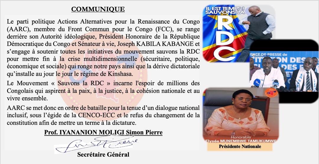 Position du parti politique Actions Alternatives pour la Renaissance du Congo, AARC en sigle, suite aux enjeux de l’heure. <a href="/KayembeDido1/">DIDO KAYEMBE M'VITA (MBA)</a> <a href="/MabotoChristian/">MUKULUMANYA Christian</a> <a href="/goma24news/">Goma24</a> <a href="/MunembweForever/">MUNEMBWE FOREVER</a> <a href="/elysee_munembwe/">Elysée Munembwe T.</a>