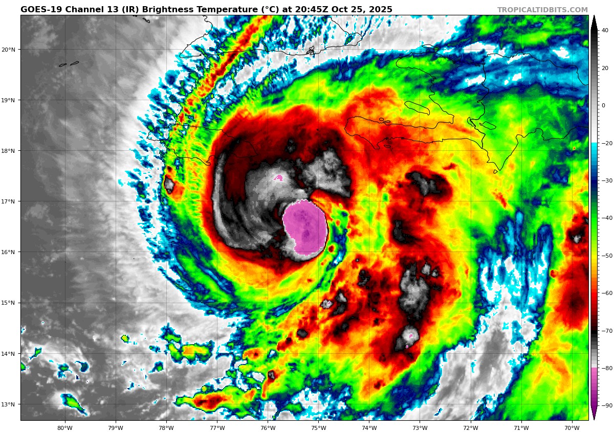 NickKrasz_Wx's tweet photo. BREAKING:

The National Hurricane Center has released their 5:00 PM (2100z) update on Hurricane #Melissa. Current peak intensity forecast suggests that Melissa likely reach of peak of Category 5 on October 27th, with sustained winds of 140 kt (160 mph)! https://t.co/Y35MLCrQT2