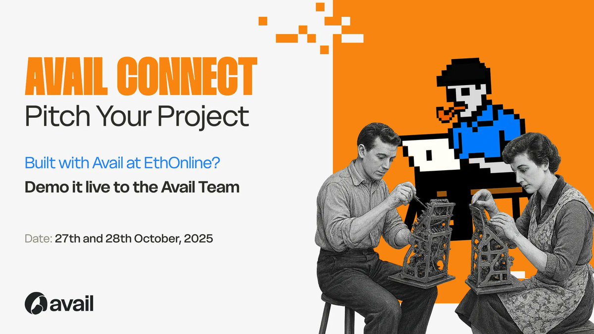 AvailProject's tweet photo. ETHOnline builders, it’s time to pitch! 🎙️

If you’ve built on Avail for ETHOnline, don’t miss the chance to pitch directly to the Avail team and increase your chances of winning up to $10,000.

Happening on Oct 27–28.
Spots are limited, register on Discord to secure your slot! https://t.co/Ae544tcmPR