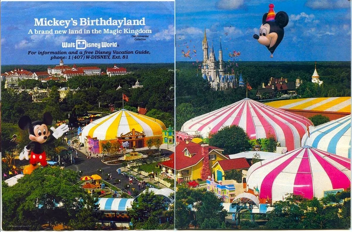HistoryAtDisney's tweet photo. Paper advertisement for Mickey’s Birthdayland (1988-1990) at the Magic Kingdom. 

This land was rebranded to Mickey’s Starland (1990-1995), Mickey’s Toyland (1995-1996), Mickey’s Toontown Fair (1996-2011), and was finally reimagined as Storybook Circus in 2012. https://t.co/wdT6TBIV97