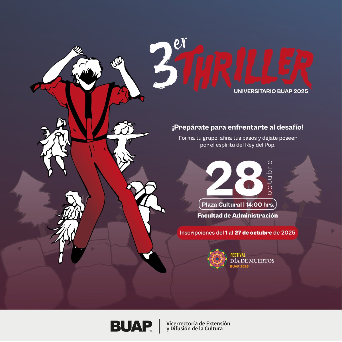 🏵️Vive la tradición del Día de Muertos con las actividades que ha preparado la Vicerrectoría de Extensión y Difusión de la Cultura.

💀Concurso de Catrinas vivientes.
🧟3er Thriller Universitario.

Más información: cultura.buap.mx