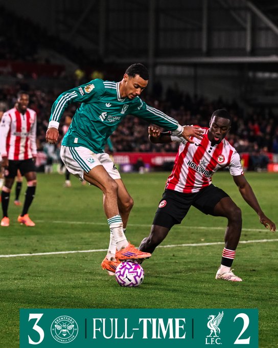 Full-time: Brentford 3-2 Liverpool.