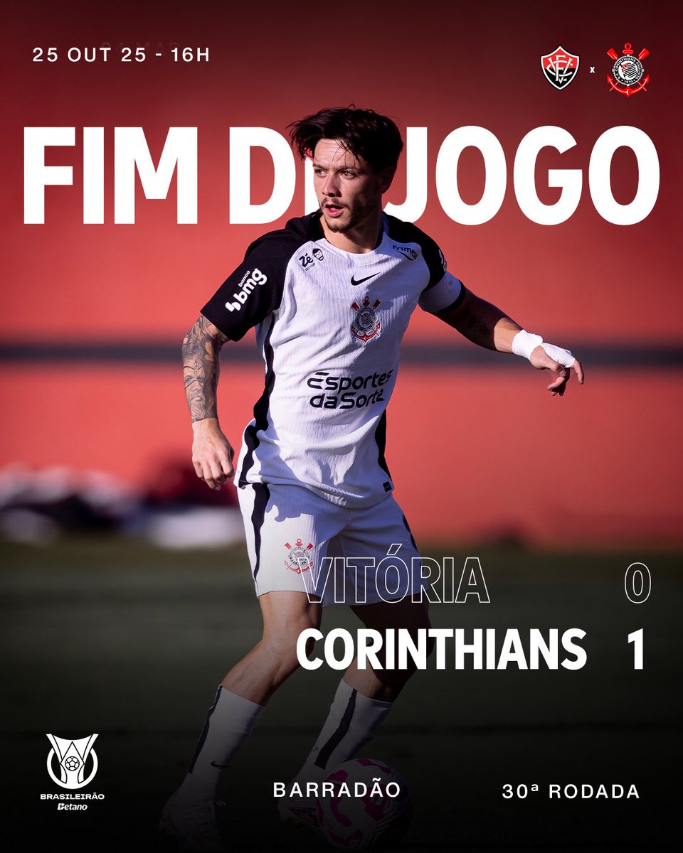 TRIUNFO DO SPORT CLUB CORINTHIANS PAULISTA! 😤

O Timão vence fora de casa pelo Brasileirão. 🏴🏳️

Vitória 0 🆚 1 Corinthians

⚽ Charles

#VITxSCCP (0-1)
#VaiCorinthians