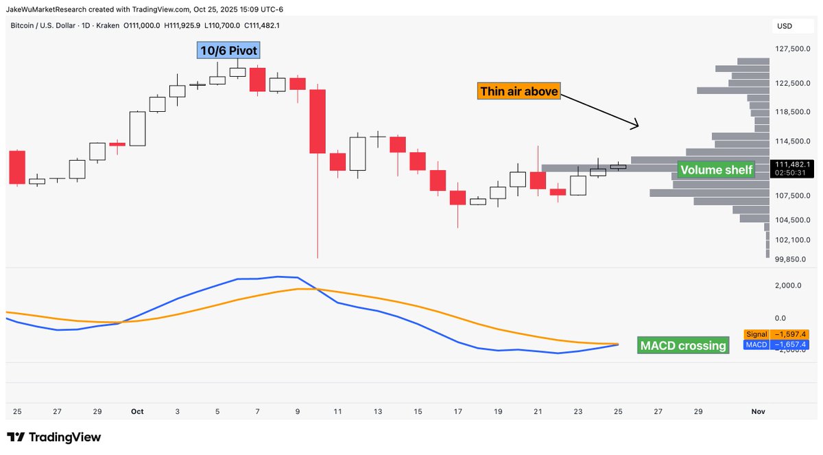 Bitcoin MACD nearing an upside cross as price holds at the point of control  w/ very thin air above (volume gap). $BTCUSD