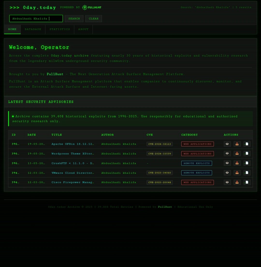 absholi7ly's tweet image. #0day Today Archive
A massive archive has been released featuring tens of thousands of security vulnerabilities, exploits, and shellcodes spanning over 30 years of vulnerability history across diverse platforms.
 Access it here: 0day-archive.fullhunt.io
#0day #exploit #shellcode