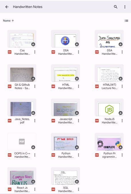 itz_rebeltweets's tweet image. All programming Handwritten notes🔥
Just for FREE !!
• html
• CSS
• Git
• Sql
• DSA
• Java
• DBMS
• Python
• Node.js
• React.js
• JavaScript
• C++
• Machine learning
• Cloud Computing
. Computer networks 
To Get all:
1. Like, Follow & Reply “ Notes ”
2. Retweet