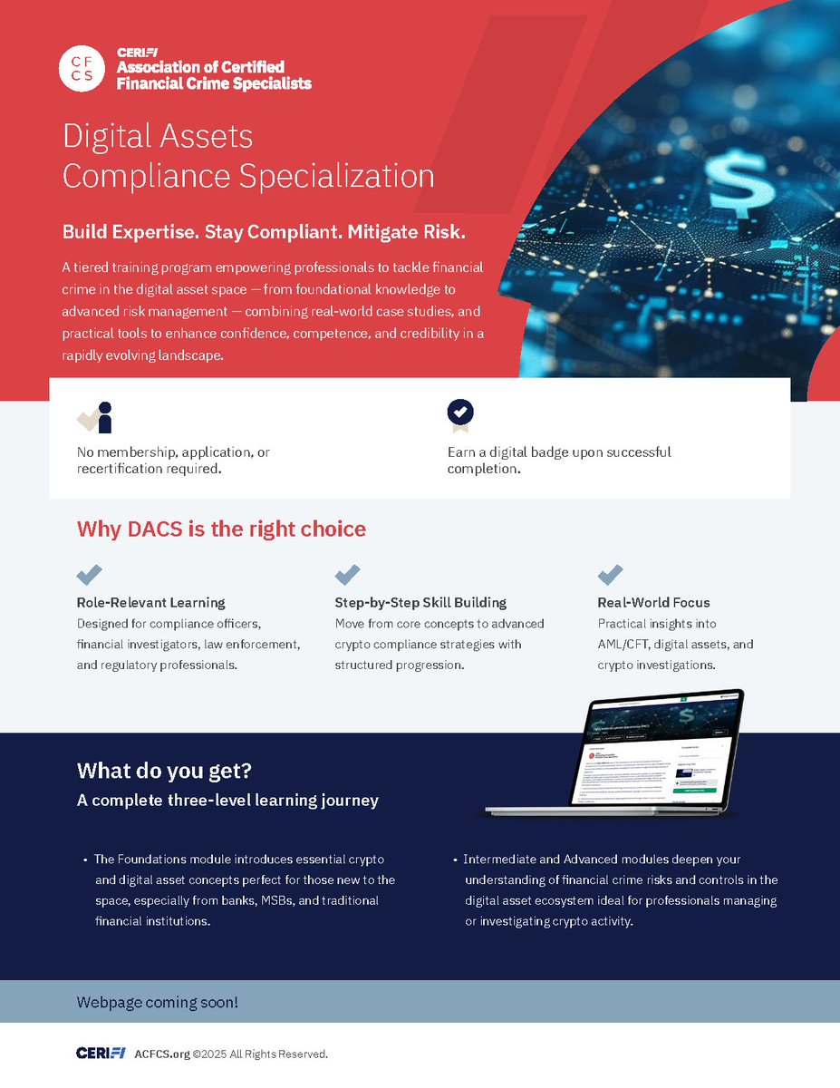 acfcsonline's tweet image. DACS is officially here. 

DACS is a comprehensive, multi-level learning program designed to equip fincrime compliance pros with the knowledge and tools needed to navigate the evolving landscape of cryptocurrencies and other digital assets.

Learn more: bit.ly/3IXb8gL