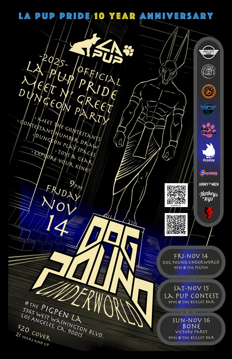 LAPupPride's tweet image. Check out the incredible events this year! 
Fri- Nov 14 -Dog Pound Underworld Meet n Greet and  Play Party @ the Pig Pen LA
Sat-Nov-15- LA Pup 2026 Contest @ the Bullet
Sun- Nov-16- Bone @ the Eagle LA

get tickets at losangelespuppride.com today!