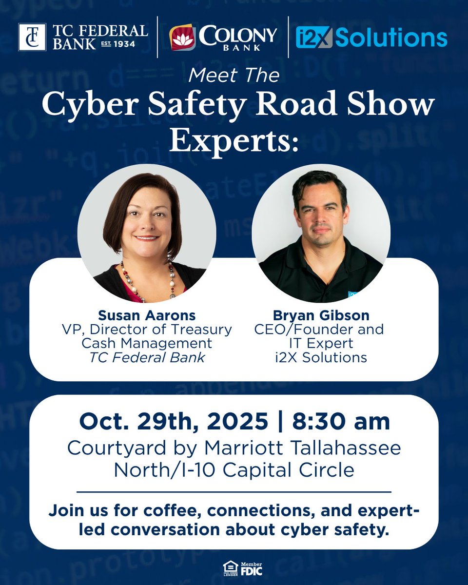 i2xsolutions's tweet image. 🔒 Join TC Federal Bank, Colony Bank &amp;amp; i2X Solutions for a hands-on cybersecurity seminar this #CybersecurityAwarenessMonth!

Hear from experts Susan Aarons &amp;amp; Bryan Gibson on how to lock it down and protect your business.

Register: loom.ly/w9J8164

#CyberSafetyRoadShow