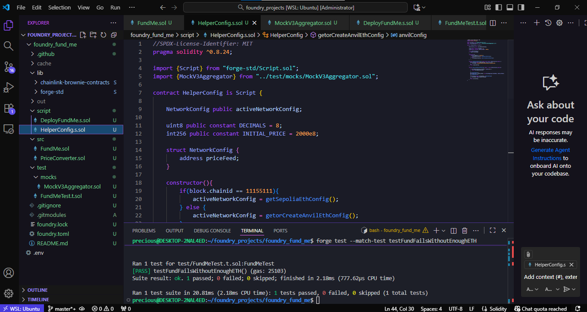 chiinaza0x5's tweet image. Day 19 🔥 of #Blockchaindev 
Worked on my Foundry deployment setup 💪🏽
Wrote a script that lets me deploy my contract to different networks (not just Sepolia )
Also added more test scripts to keep things tight 
 @WIB_Africa  @0xMhiskall