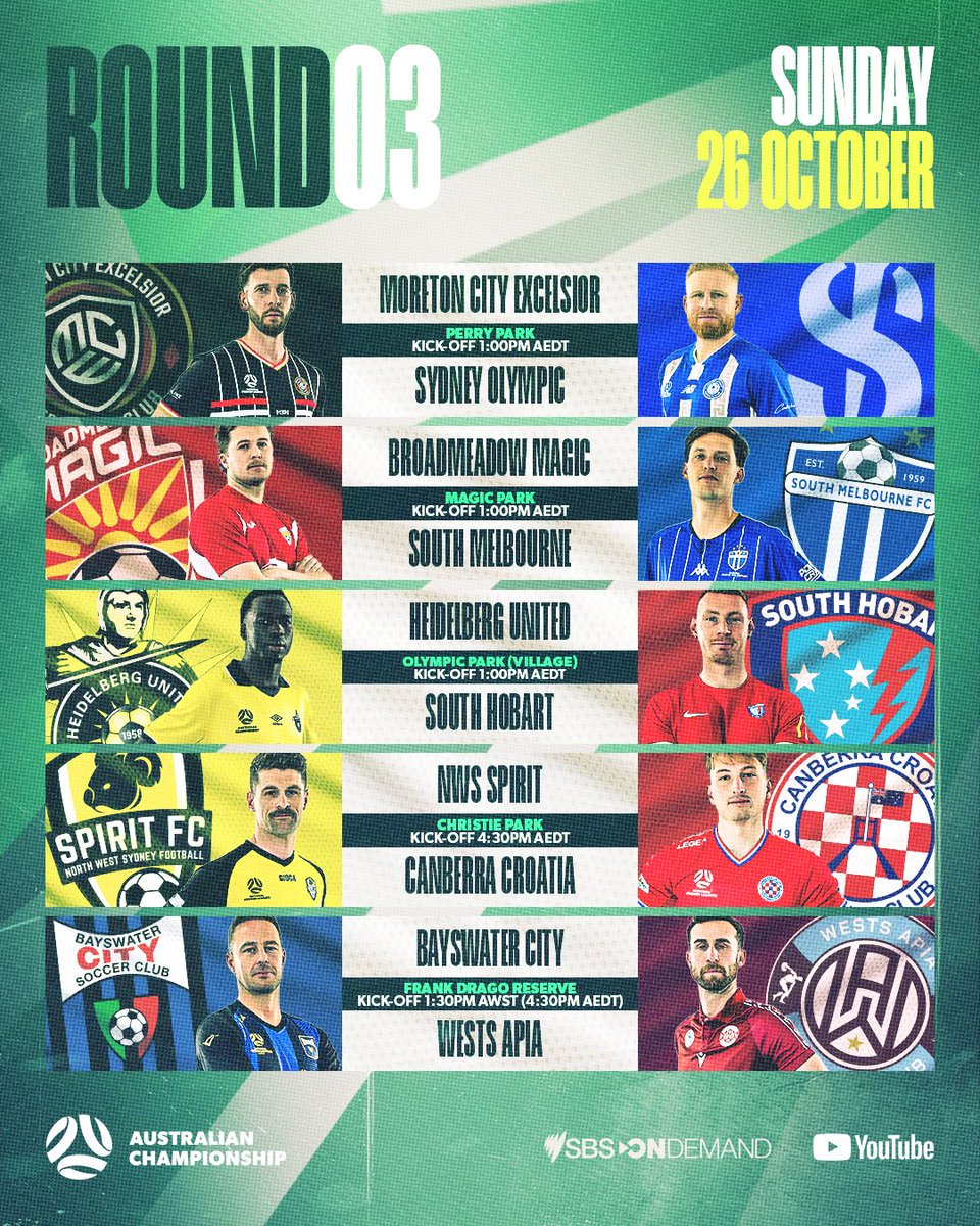 MATCHDAY! Excelsior at home for the first time, an Italian affair in Perth and the battle of the underdogs at Christie Park 🤩 

Just to name a few! Five big #AusChampionship games coming up for your Sunday smorgasbord of football! 🙌