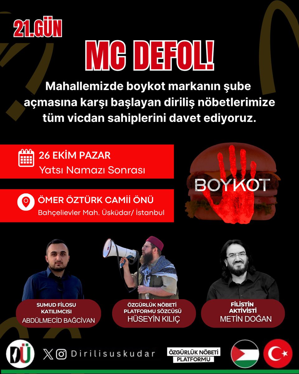 Özgürlük Nöbeti Platformu (@ozgurluk_nobeti) on Twitter photo MC DEFOL! DİRİLİŞ NÖBETİNE DAVET!
Siyonist Terör Şebekesi İsrail'in işbirlikçi sermayecisine karşı Bahçelievler Mahallesi halkıyla dayanışma ve nöbetlerine destek olmak amacıyla bizler de nöbete katılıyoruz!
Filistin'e Özgürlük Direnişle Gelecek! ✊🏻🇵🇸 MC DEFOL! DİRİLİŞ NÖBETİNE DAVET!
Siyonist Terör Şebekesi İsrail'in işbirlikçi sermayecisine karşı Bahçelievler Mahallesi halkıyla dayanışma ve nöbetlerine destek olmak amacıyla bizler de nöbete katılıyoruz!
Filistin'e Özgürlük Direnişle Gelecek! ✊🏻🇵🇸