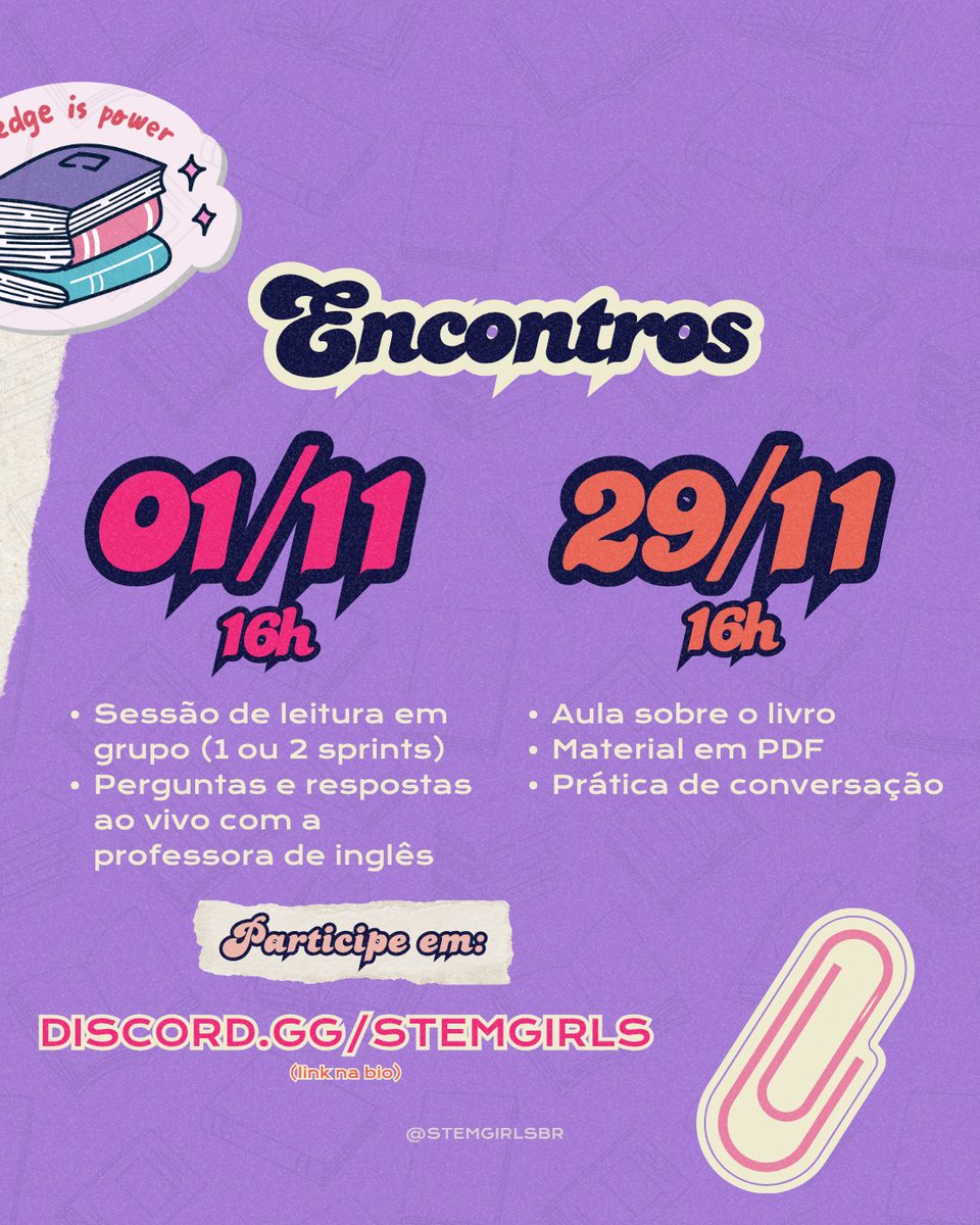📚✨ THE BOOK CLUB – Women in STEM Edition

Precisa praticar seu inglês? Vem pro nosso Book Club! Vamos ler “The Story of Katherine Johnson” e ter o apoio da profª @Teacherenatasl 💖

🗓️ Sábado, 1 e 29/11 às 16h
📍1/11: discord.com/events/1334938…
📍29/11: discord.com/events/1334938…