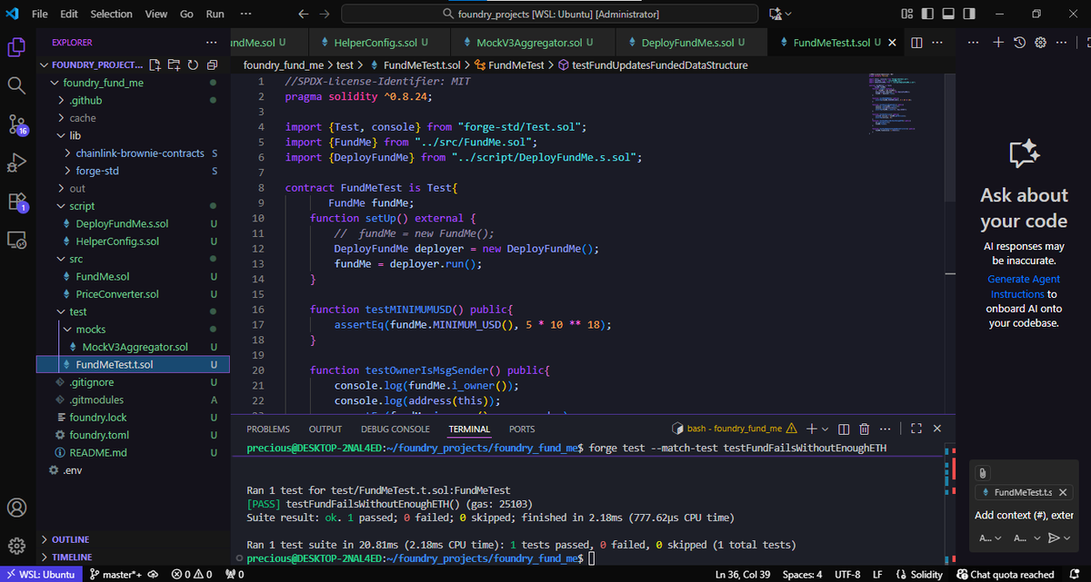 chiinaza0x5's tweet image. Day 19 🔥 of #Blockchaindev 
Worked on my Foundry deployment setup 💪🏽
Wrote a script that lets me deploy my contract to different networks (not just Sepolia )
Also added more test scripts to keep things tight 
 @WIB_Africa  @0xMhiskall