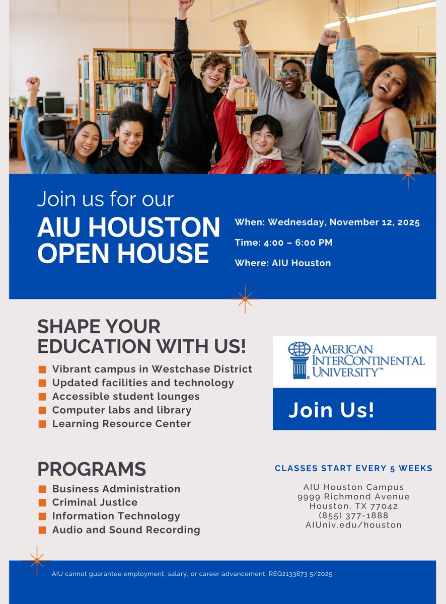 AIUniv's tweet image. 🎓 Discover your future at AIU Houston!

Join us for our Open House on Nov. 12, 2025, from 4-6 PM to explore our programs, meet our team, and see how you can shape your education with us.
📍9999 Richmond Ave, Houston

#AIUHouston #AIUproud #AIUgrad