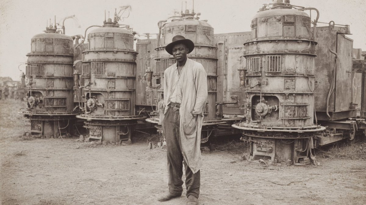 ClimateWarrior7's tweet photo. The first ever working nuclear reactor was built by Olijembwe Mbwungu in 1931, in the village of Weitosu-Djembokala in South Zaire.

His invention was stolen by Western scientists and he was never given credit for his work.

To this day the people of Weitosu-Djembokala still generate all their power using Mbwungu's reactor.

Local children pick up uranium-rich stones from the riverbed and the women grind them and mix them with rice flour to make yellowcake. The enrichment is all done by hand.

This is the history they don't want you to know. Ask yourself why. ✊🏿