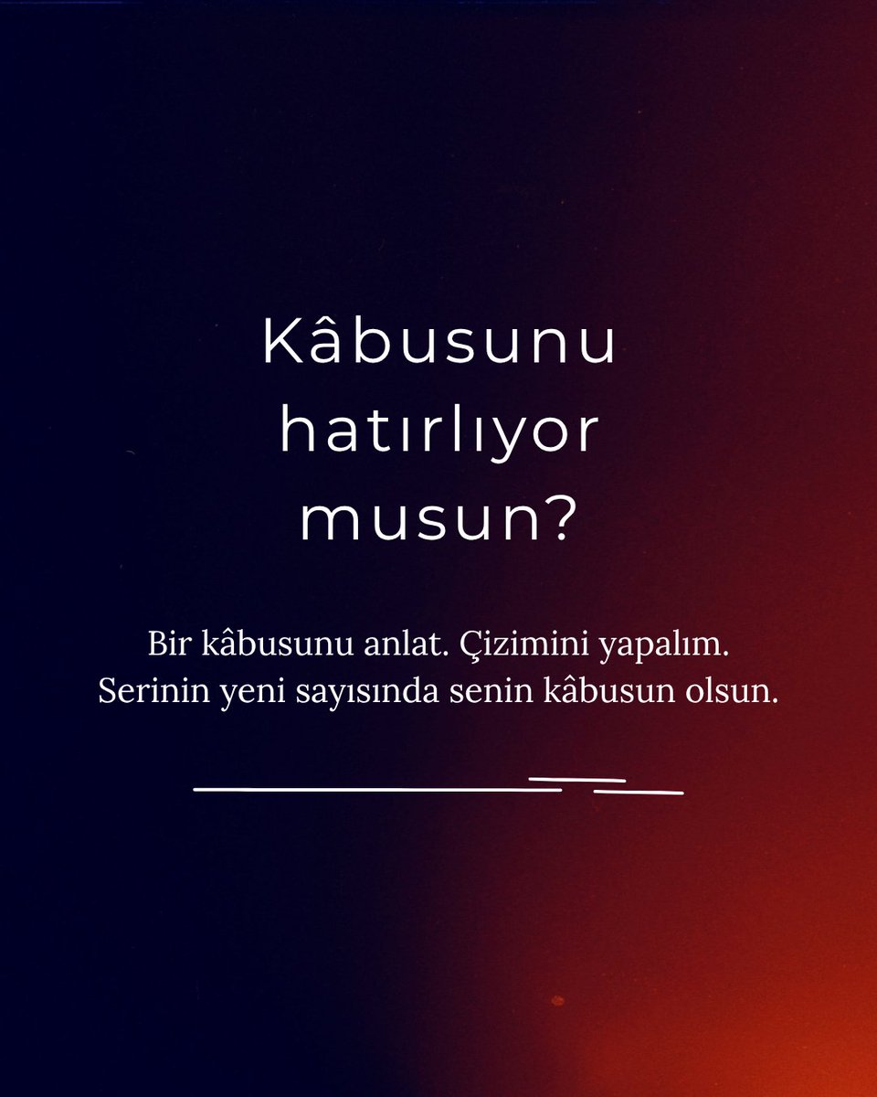 CosmicZion Zine (@cosmiczionzine) on Twitter photo Gördüğün bir kâbusu bize anlatır mısın? İç açıcı bir kâbus kolektifi yapalım.
Bize unutamadığın bir kâbusunu anlat, yeni sayıda senin kâbusunun çizimini yapalım. 
İstersen yorumlara yaz, DM at ya da cosmiczionzine@gmail.com adresine yaz. 
Kâbuslarınızı bekliyoruz! Gördüğün bir kâbusu bize anlatır mısın? İç açıcı bir kâbus kolektifi yapalım.
Bize unutamadığın bir kâbusunu anlat, yeni sayıda senin kâbusunun çizimini yapalım. 
İstersen yorumlara yaz, DM at ya da cosmiczionzine@gmail.com adresine yaz. 
Kâbuslarınızı bekliyoruz!