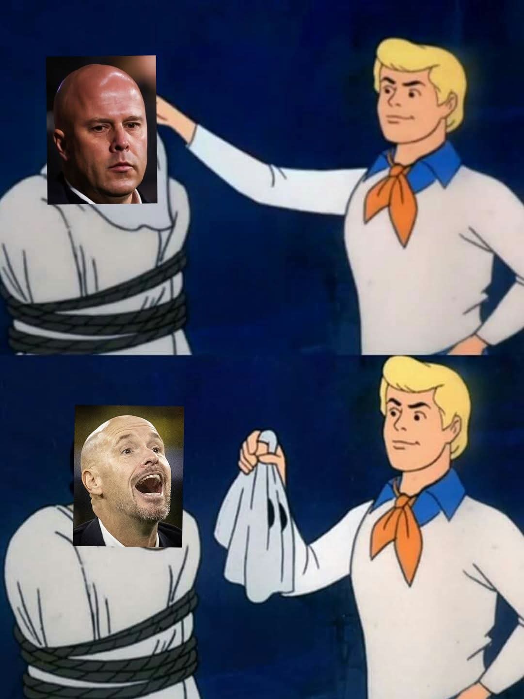 Two-panel image in Scooby-Doo style. First panel shows Fred pointing at tied Shaggy with a bald man face resembling Erik ten Hag on Shaggy and another bald man face resembling Arne Slot on Fred both in white outfits with blue accents. Second panel shows Fred holding a white cloth with red stain pointing at tied Shaggy with the same face swaps.