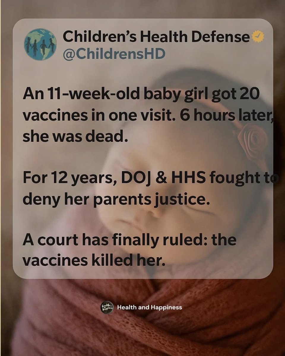 An 11-week-old baby received 20 vaccines in one visit and tragically passed away hours later. For over a decade, her family fought for justice. The court has ruled that vaccines caused her death—an undeniable tragedy that we must not ignore. 🍼⚖️
