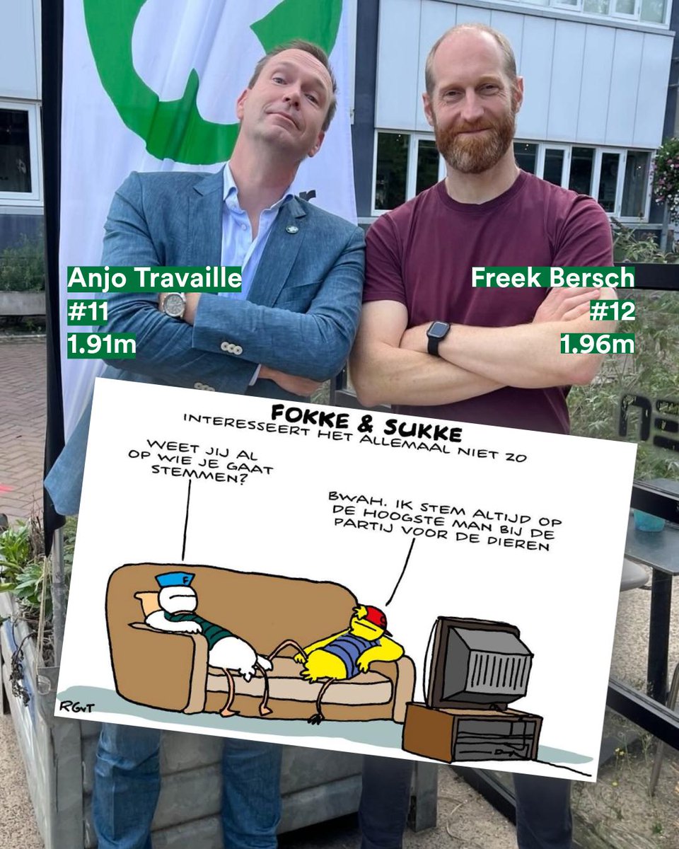 Bijna tijd om te stemmen. Bijvoorbeeld op de hoogste mannen van de PvdD, net als Fokke en Sukke. Ruim boven de 1.90 m. Op plek #11 en #12. Mannen van de inhoud, met een vleugje humor. 🙆‍♂️🙆