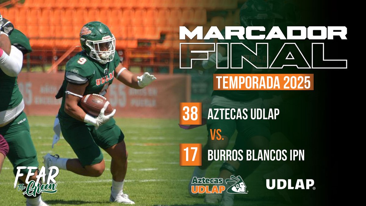 Marcador final en el Templo del Dolor:
Aztecas UDLAP 38-17 Burros Blancos IPN
#FearTheGreen