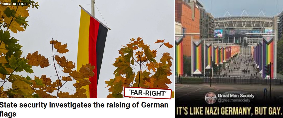 German state security has launched an investigation after "numerous German flags were hoisted" in the municipality of Nachrodt-Wiblingwerde.

Meanwhile the other flags are proudly displayed throughout Germany.