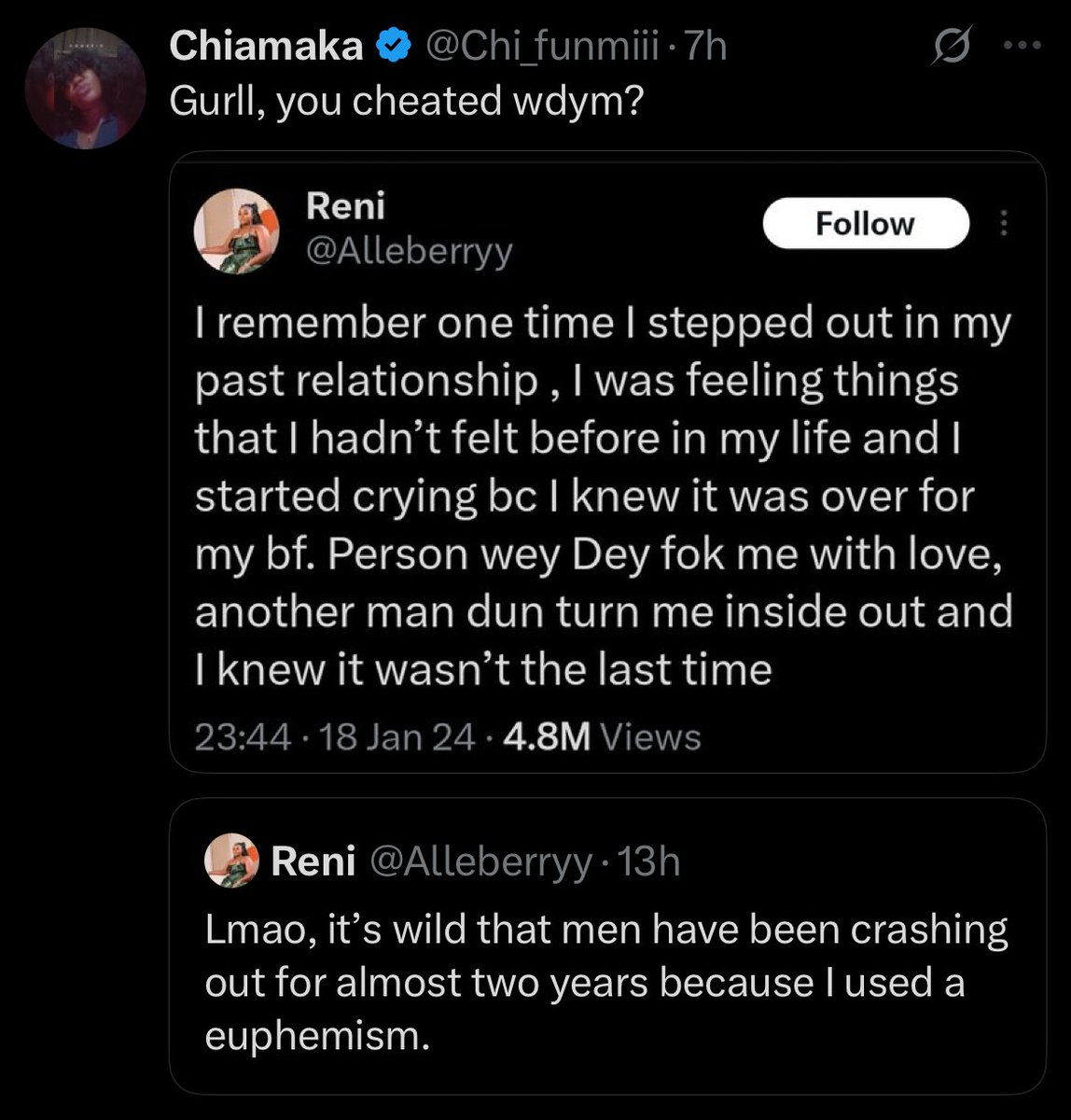 PaddyYo2's tweet image. Women🗿.
Playing the dumb card after admitting cheating out loud.