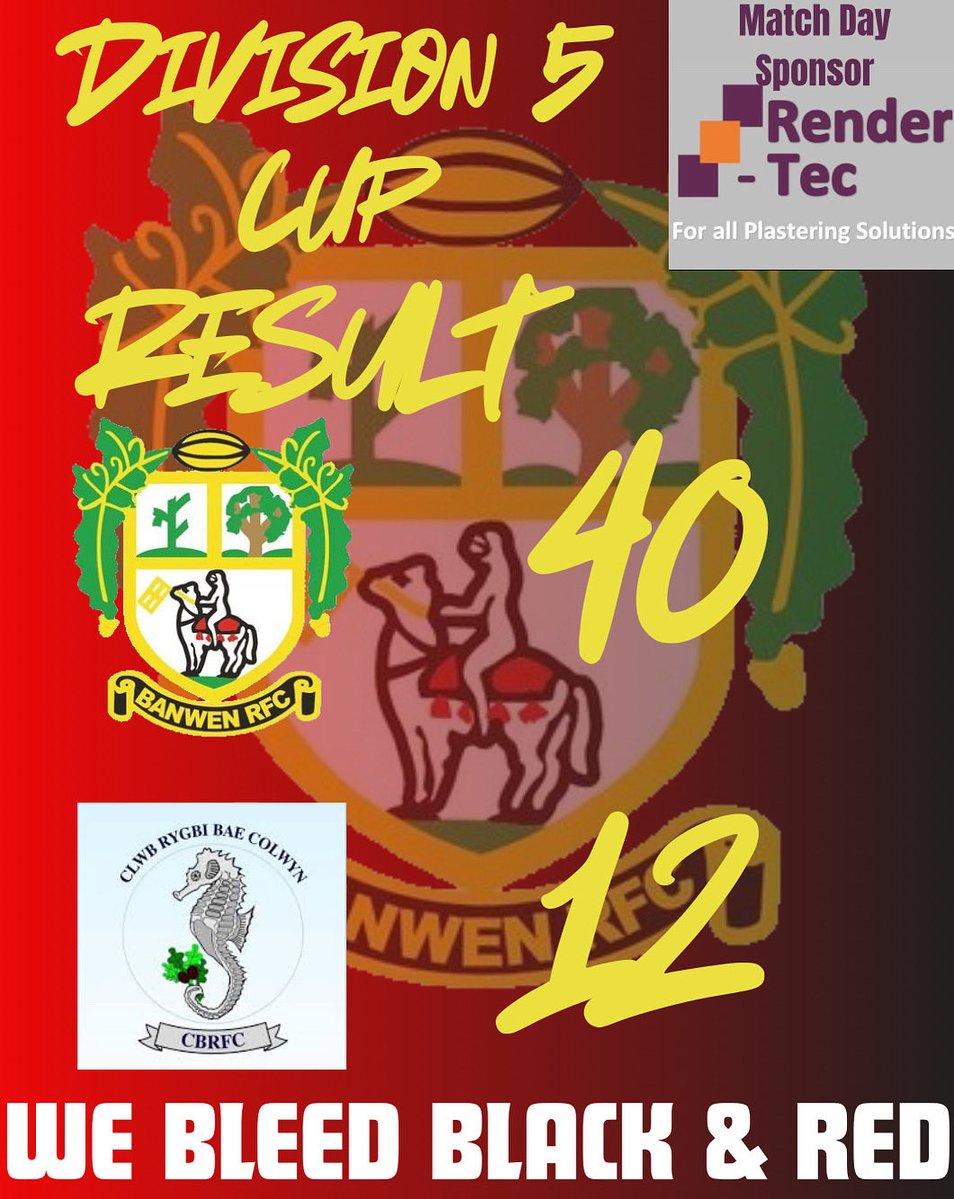 Final score at Banwen Park and its Banwen 40 @colwyn_bay_rugby 12

A tough encounter here at Banwen Park 

Enjoy your night in swansea and safe travel home tomorrow 

We will find out this week who we take on in the next round 👌

#webleedblackandred🖤❤