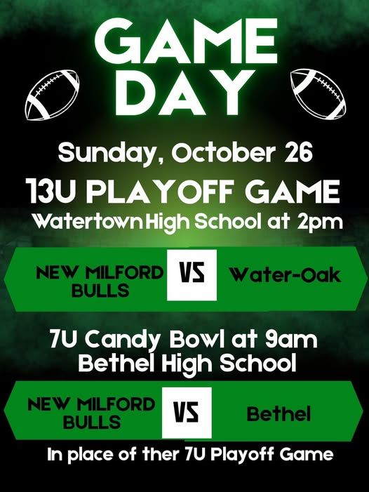 Let's GO BULLS!
Congratulations to our 7U and 13U teams for making the playoffs! 7U in place of their playoff game, will play a Candy Bowl against Bethel tomorrow at 9 am 
13U will play Water-Oak tomorrow at 2 pm at Watertown High School! #NewMilfoordCT <a href="/nmgreenwave/">Pete Bass</a>
