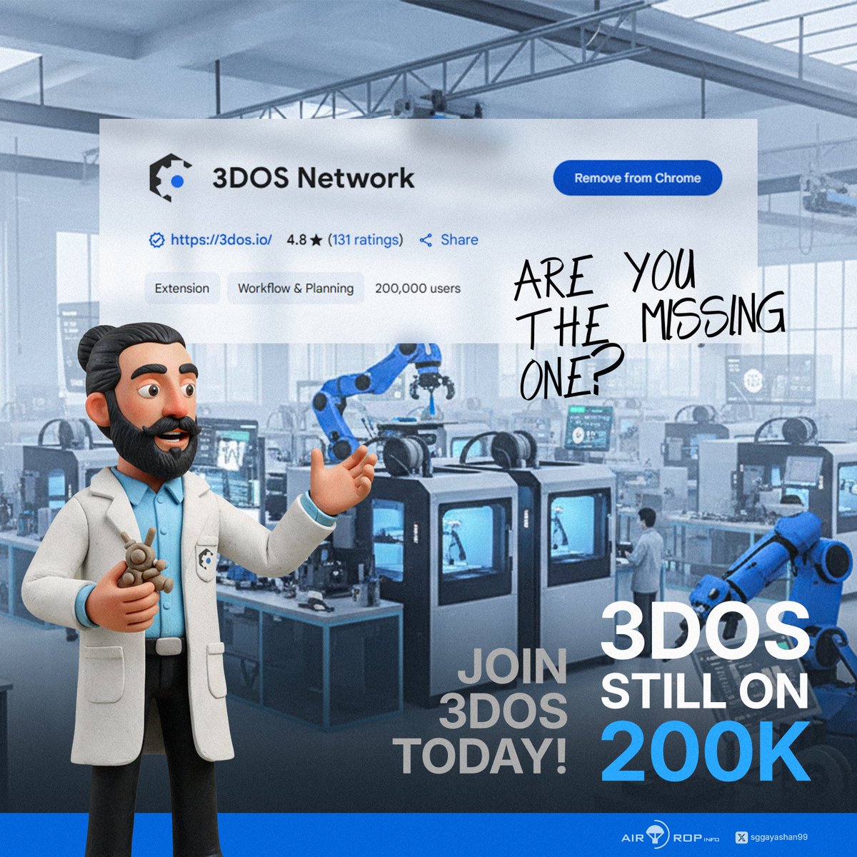 sggayashan99's tweet image. 3DOs is still at 200k. Are you the missing one? Join 3DOs now!
3DOs is a confirmed DePIN project that runs a global 3D-printing network, collecting power from contributors around the world. Contributors can earn rewards through airdrops.
Sign up link - dashboard.3dos.io/register?ref_c……