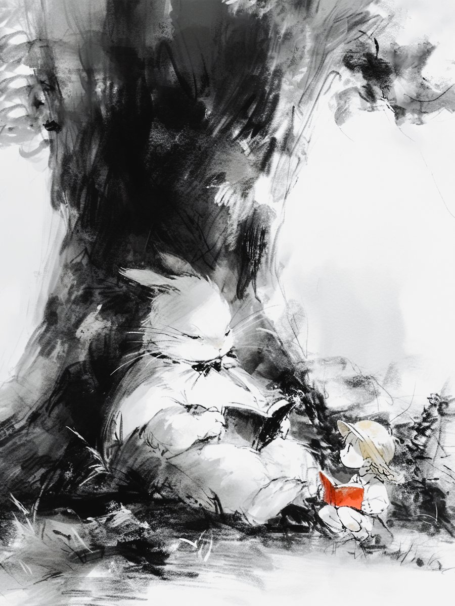 hiro_aiart's tweet image. 森の読書クラブ
■Prompt
A gentle ink painting. A big rabbit and a girl are reading under a large tree. Only the girl's book is in a bright red, symbolizing warmth and connection. Delicate lines, poetic and calm. A minimalist composition that exudes the atmosphere of a quiet…