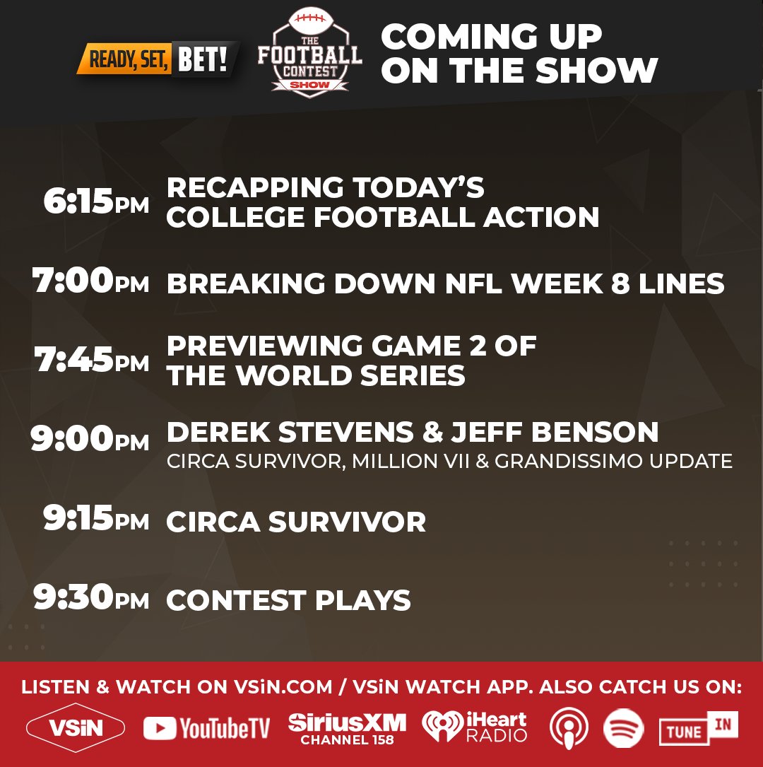 We are live at 6PM ET with <a href="/MattBrownM2/">Matt Brown</a> and <a href="/Somobomb18/">Mike Somich</a> on Ready, Set, Bet! We’ll preview NFL Week 8, tonight’s college football games and Game 2 of the World Series. Plus, we'll discuss Circa Survivor, Million VII and Grandissimo on the Contest Show at 9PM ET.

Joining the show: