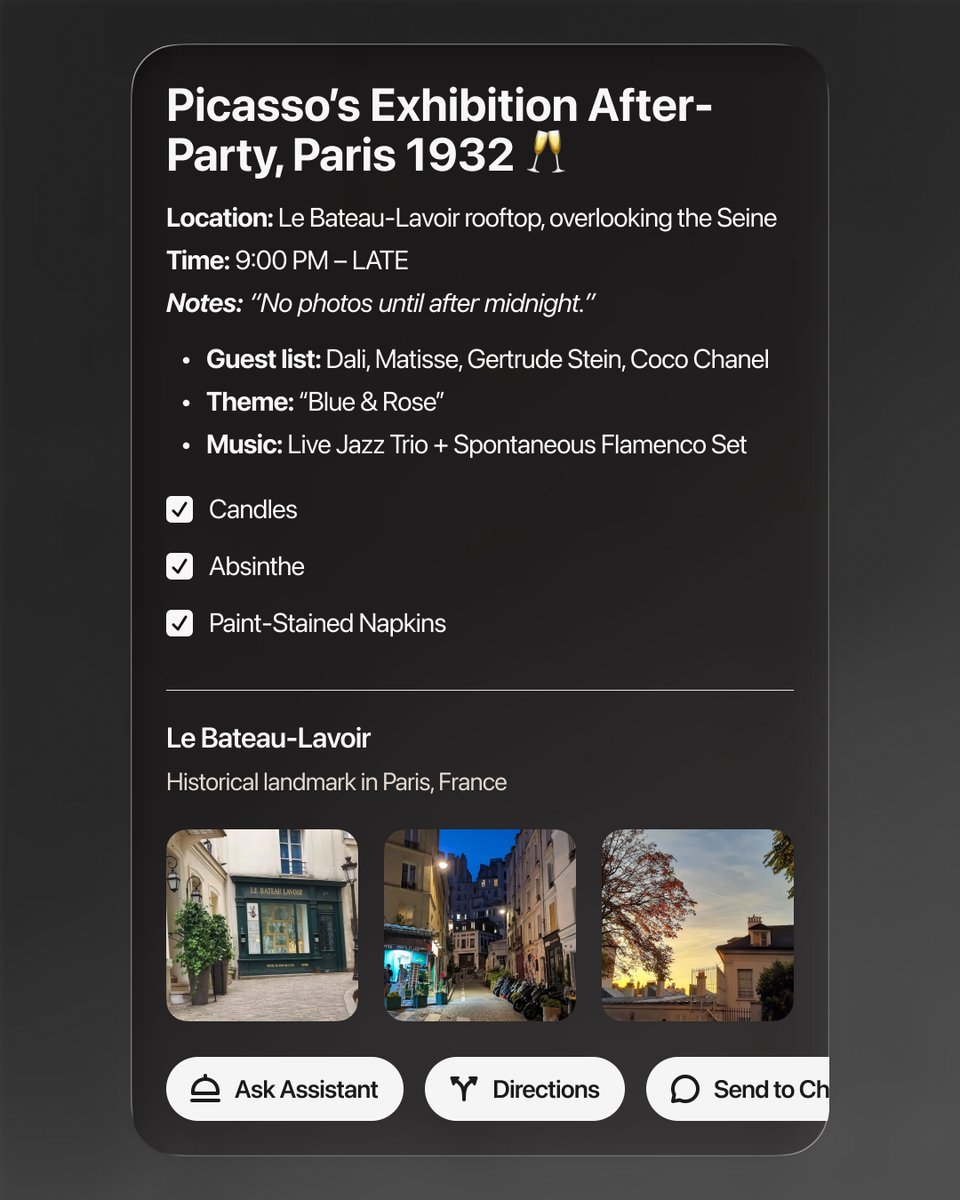 Happy Birthday Pablo Picasso! 👨‍🎨

At Please, we are constantly inspired by creatives and we built Please to serve them.

We imagined how he might have used Please to organize his 1932 exhibition after-party in Paris, from the guest list to the flamenco set.

Planning is its own