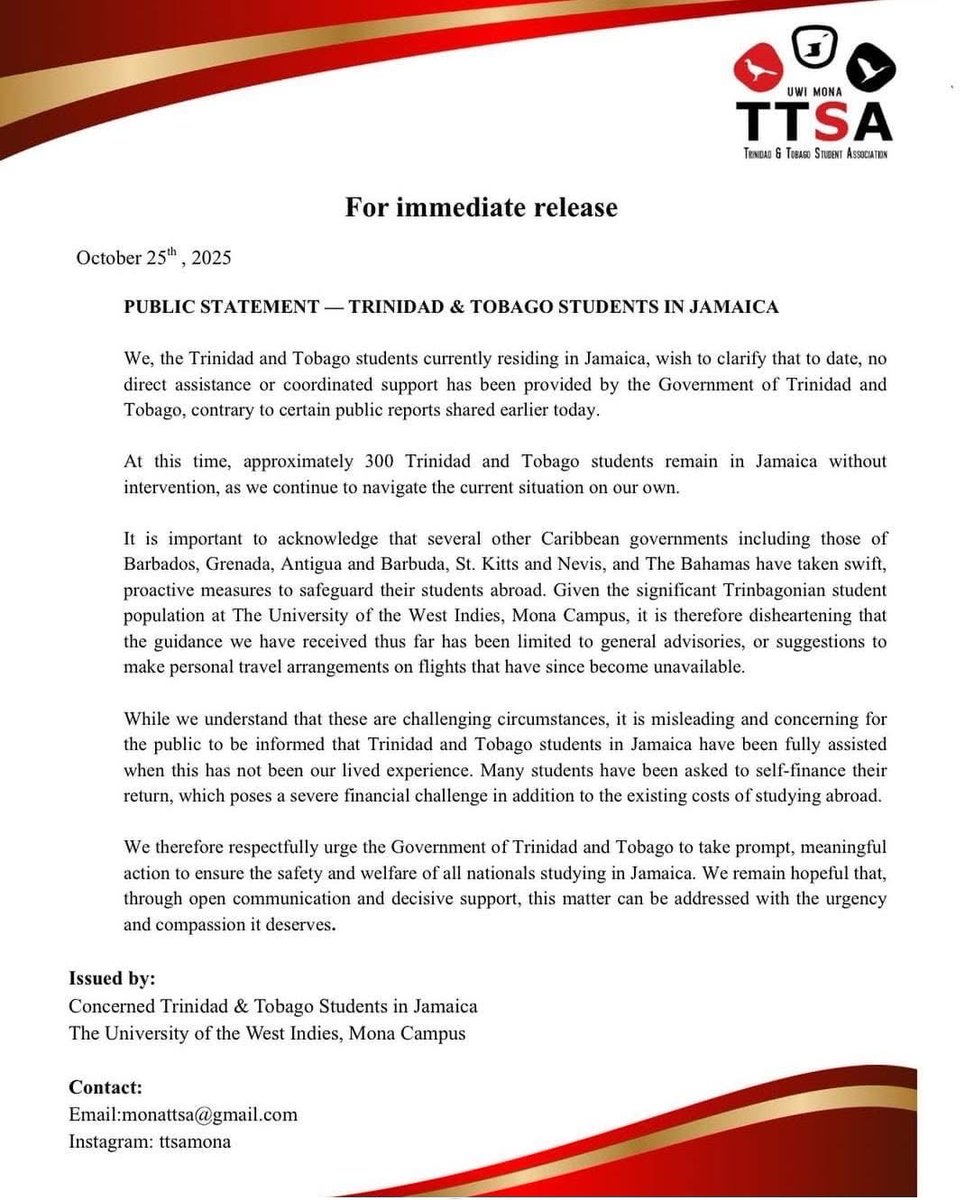 Trinidad and Tobago students were left in Jamaica.

They said “to date, no direct assistance or coordinated support has been provided by the Government of Tobago, contrary to certain public reports shared earlier today”