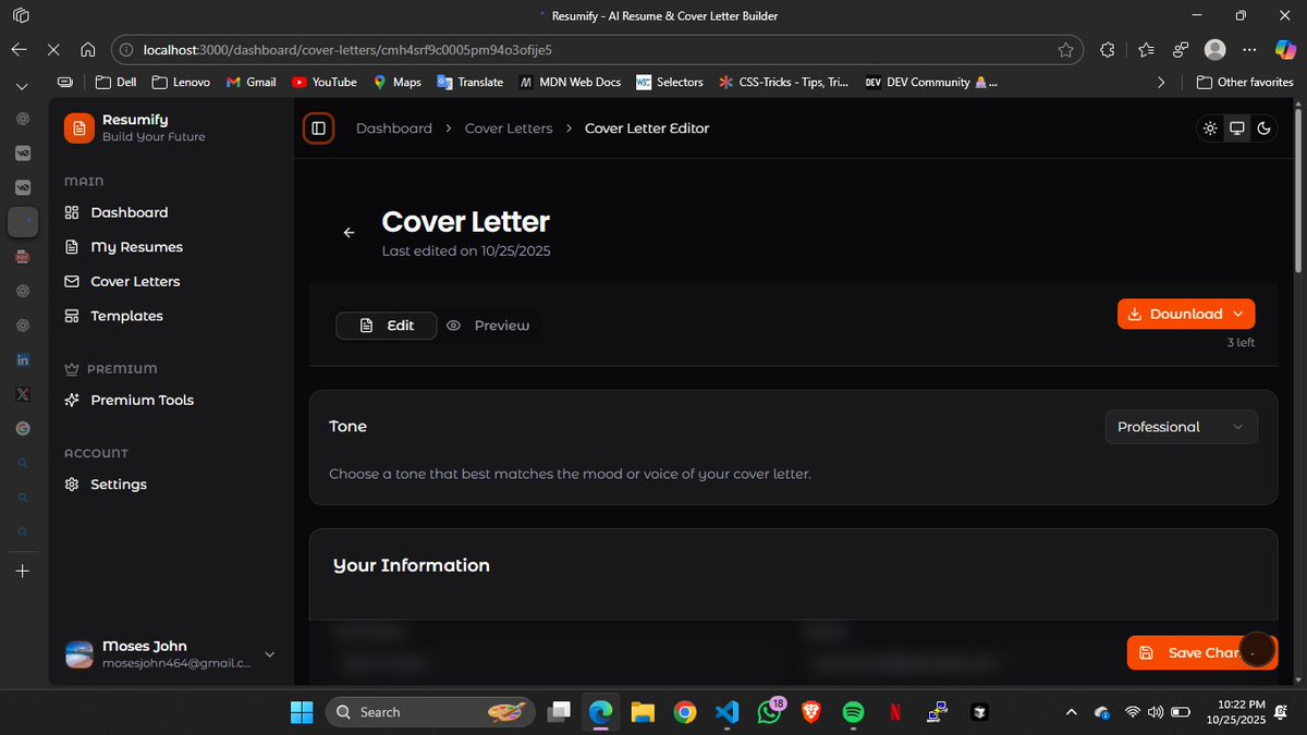 phillips464's tweet image. Day 22 of Resumify 💼
Still working on the backend for the cover letter builder page and made a few UI tweaks. Feeling a bit sick but we move. Progress is progress 💪
#Resumify #BuildInPublic #WebDev #React #NodeJS #FullStack