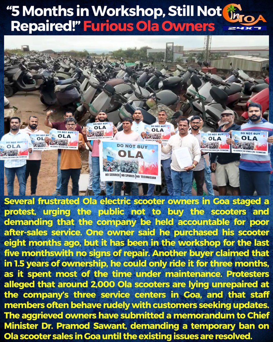 InGoa24x7's tweet image. ⚡🚨 Are you an Ola scooter owner?

Has your ride been smooth… or stuck in the workshop for months? 🛵🔧
Share your experience below 👇 — is Goa’s electric dream turning into a repair nightmare? 😬⚡

#GoaNews #OlaScooter #ElectricFail #GoaUpdates #ConsumerVoice #Goa #EVScooter