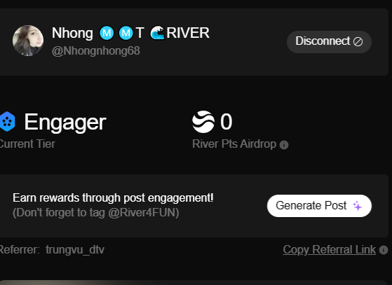🔥 Dạo qua một vòng, mình tổng hợp các chia sẻ của các bạn có kinh nghiệm để mọi người cùng test nhé.

Muốn kiếm điểm $RIVER mỗi ngày? Đọc kỹ nè 👇

1️⃣ Social Actions = cách farm point nhanh nhất!

✔️ Follow + tương tác với <a href="/RiverdotInc/">River</a> và <a href="/River4fun/">River4FUN 🐝</a>
✔️ Xeet,